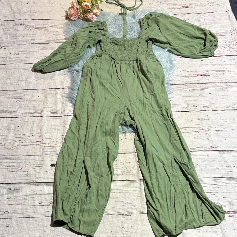 Eloquii Green Smocked Puff Sleeve Tie Neck Jumpsuit sz 18